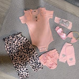 5 pieces! 1 pink shirt and matching bottoms, leopard pants, leg warmers, headbnd